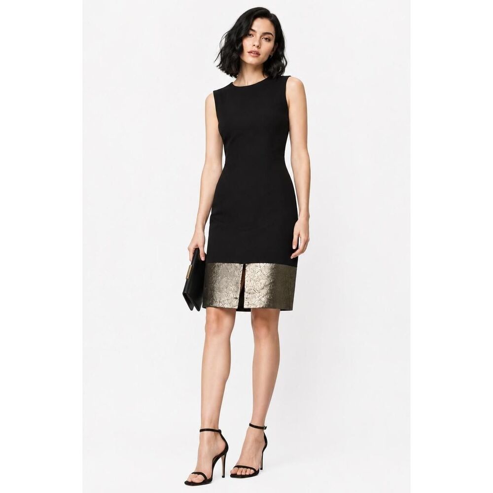 Diane Von Furstenberg Black Gold Metallic Hem Sleeveless Sheath Cocktail Dress 2